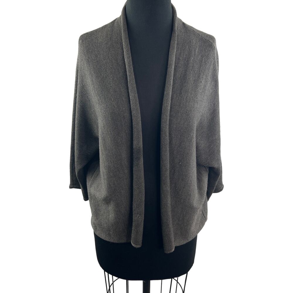 EILEEN FISHER Gray Merino Wool Cardigan Sweater 3/4 Sleeve Open Front Size M